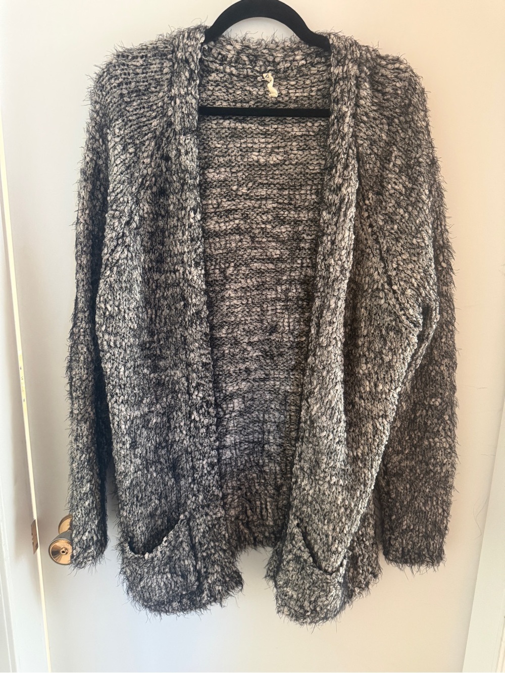 POL Black White Eyelash Knit Cardigan Large Oversized Boho Chunky Sweater